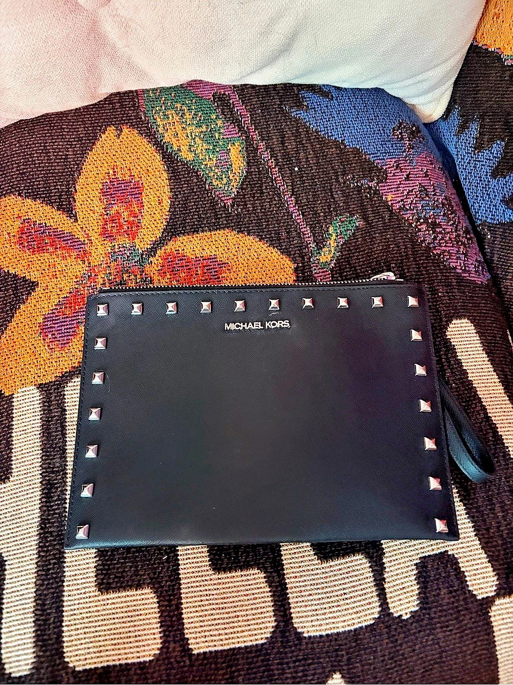 Michael Kors Jet Set Large Studded Pebbled Leather Wristlet Black Leather